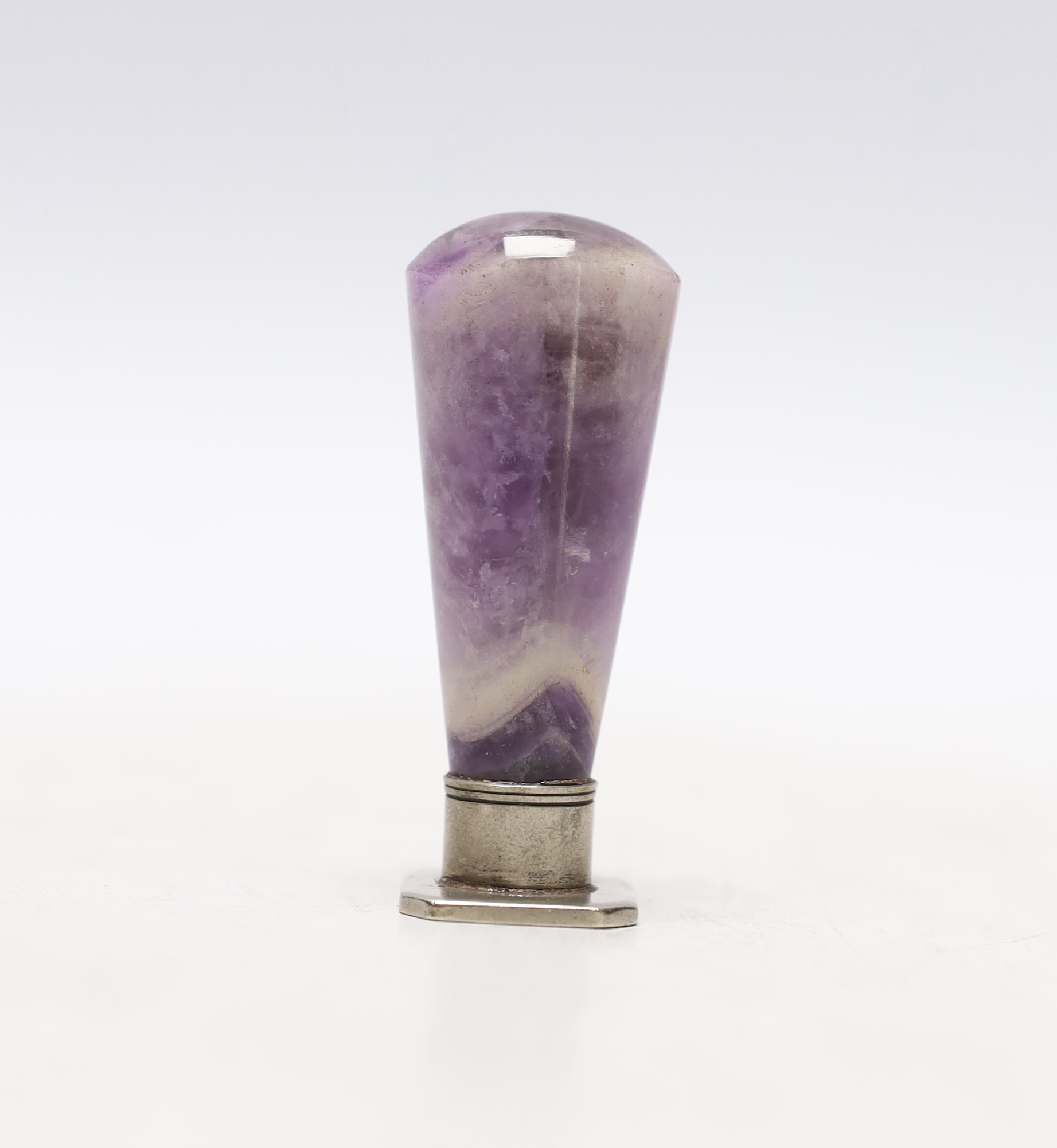 An early 20th century amethyst quartz handled white metal desk seal, 56mm.